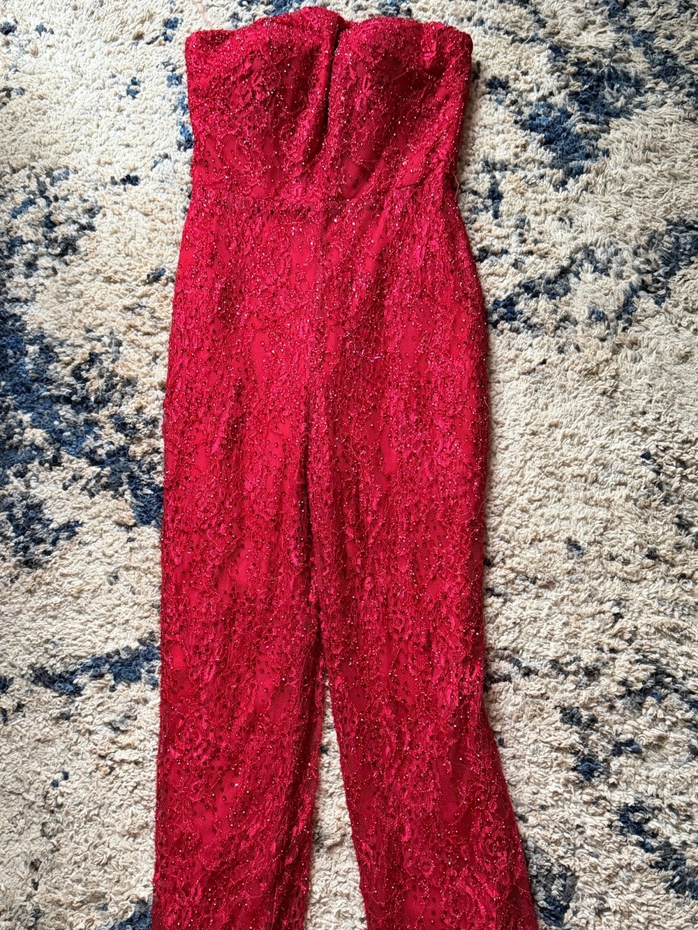 Tarik Ediz Red Strapless Beaded Jumpsuit